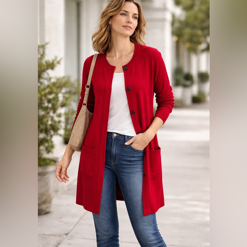 J. Jill Red Long Cardigan Sweater Wool Blend Button Front Size Small
